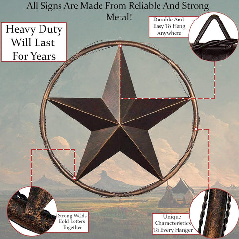 Urbalabs 13 Metal Barn Star Wall Decor, Rustic Texas Lone Star Bronze Brown Finish, Cast Wire Rope Circle Ring for