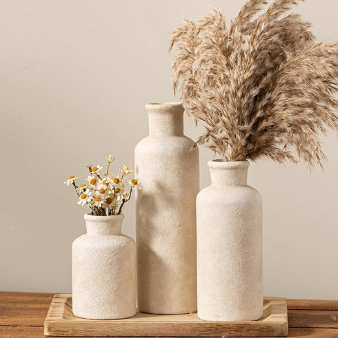Set 3, Ceramic Vases of Whitewashed Neutral Flower Vases Home Decor, Pottery Rustic Farmhouse Decorative Vases Modern