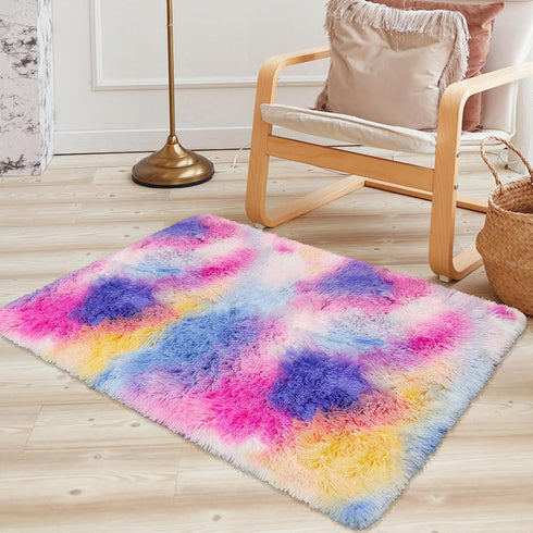 2x3 ft Small Throw Rugs, Furry Non Slip Mini Area Rug, Fluffy Tie-Dyed Rainbow Carpet for Bedroom Door Entryway Decor