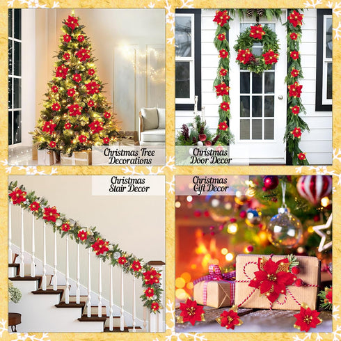 Geefuun 28PCS Christmas Tree Decorations: Red Glitter Poinsettias Artificial Flowers Ornaments with Clips, 3 Sizes