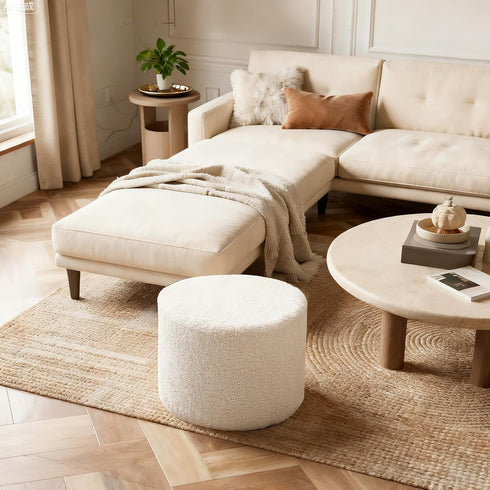 Round Boucle Pouf Ottoman Footrest Soft & Lightweight Footstool with Full Foam Filling for Living Room, Bedroom
