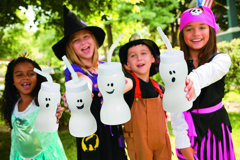 Fun Express Set of 12 Ghost Shape Cups with Straw for Halloween, 8 oz, BPA Free Plastic, Kids Party Supplies, White