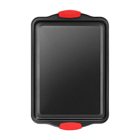Nonstick Cookie Sheet Pan, Carbon Steel Oven Tray with Red Silicone Handles, Medium Bakeware Pan with Gray Coating