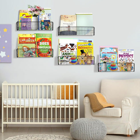 Wensdr 5-Pack 5 Black Metal Wall Mounted Kids Bookshelf, Modern Style, Shelves, Hanging Book Shelf Organizer for Kids