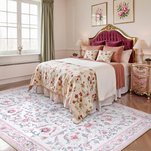 5x7 Lahome Pink Floral Rugs for Bedroom Girls Soft Washable Non-Slip Living Room Rug Vintage Botanical Boho Flower