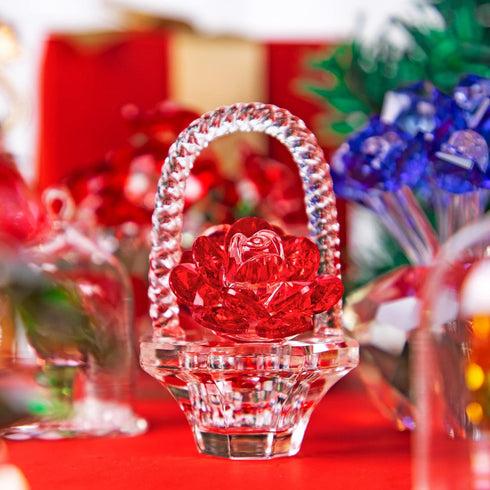 H&D HYALINE & DORA Crystal Red Rose Flower Basket, Collectible Figurines Ornaments for Home Decor Table Centerpiece