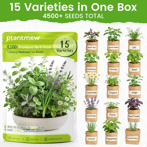 15-Pack 4,500+ Pack Herb Seeds Non-GMO Heirloom Seeds for Planting Indoor & Outdoor Herb Garden Kit with Basil