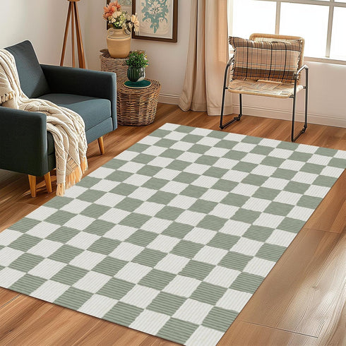 3' 5' Sage Green Washable Area Rug Checkered Large Living Room Rug Geometry Neutral Line Non-Slip Soft Bedroom Carpet