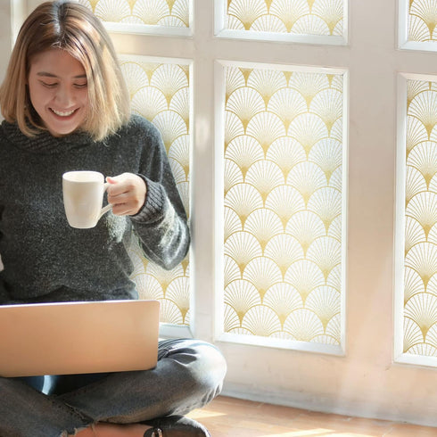 DKTIE Window Privacy Film Frosted Glass Static Clings Non Adhesive with Installation Tools, Modern Home Improvement Style (Gold, 17.7'' x 118.1'') by DKTIE