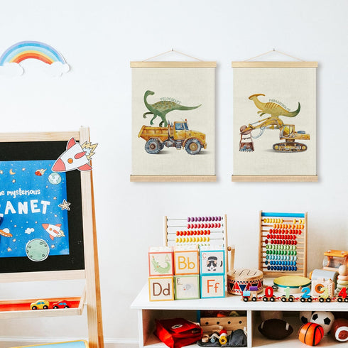 Set 2, 12x16 Inches BCUANGD Dinosaur and Construction Truck Wall Decor - Dinosaur Dino Poster Hanger with Wood Frames