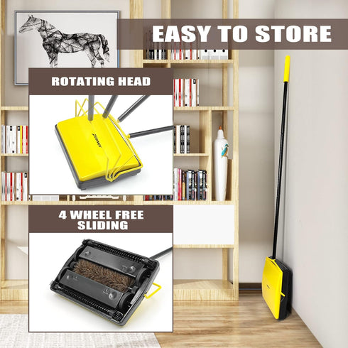 Carpet Sweeper Manual Push with Horsehair Brush, Non Electric Floor Roller Broom for Pet Hair