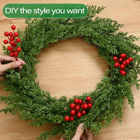 60 12.9" Waipfaru Pcs Christmas Artificial Pine Branches, Faux Evergreen Norfolk Pine with Red Berry Stems, Greenery