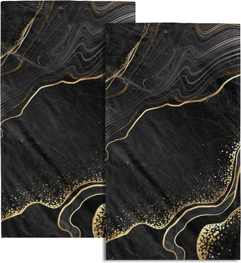 Miaoquhe Black Gold Marble Hand Towel Set of 2, Marble Texture Soft Highly