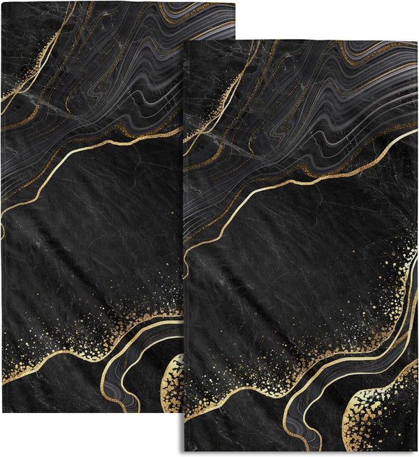 Miaoquhe Black Gold Marble Hand Towel Set of 2, Marble Texture Soft Highly