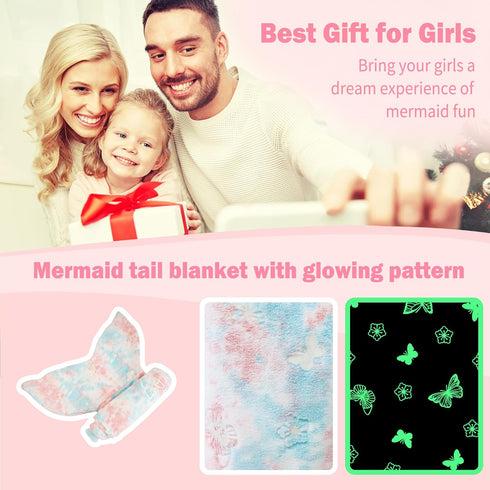 Viviland Kids Mermaid Tail Blanket, Glow in The Dark Flannel Mermaid Blanket Gifts for Girls, Luminous Star Tie Dye