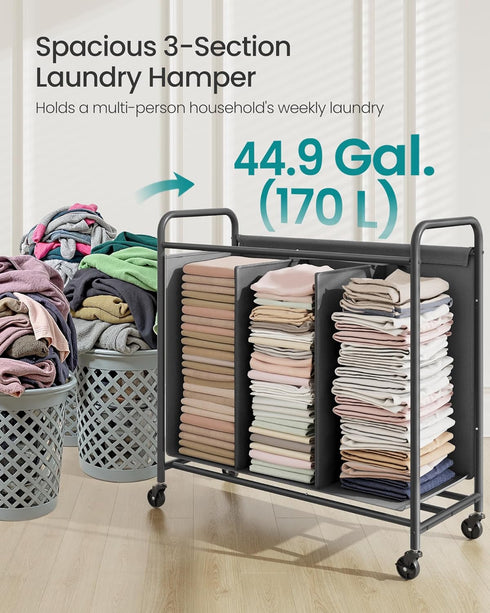 3-Section URLS330G01 SONGMICS Laundry Sorter, Laundry Hamper with Wheels, Rolling Clothes Hamper Cart with Large