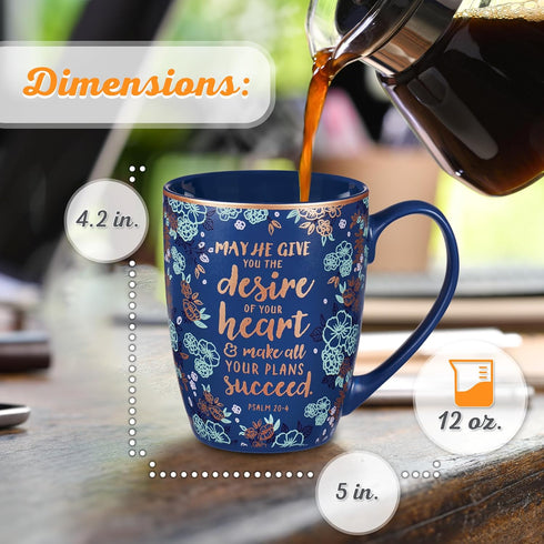 Christian Art Gifts Blue Bible Verse Mug, Floral Faith Ceramic Coffee Mug w/Gold Trim & Psalm 20:4
