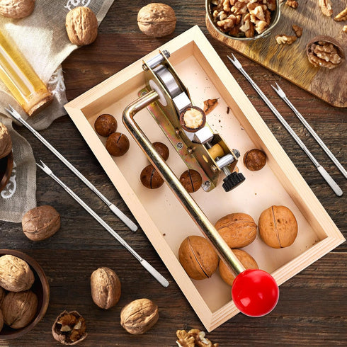 4 Pumtus Manual Nutcracker, Heavy Duty Nut Tongs with Forks & Wooden Base, Adjustable Macadamia Nut Opener Tool, Walnut