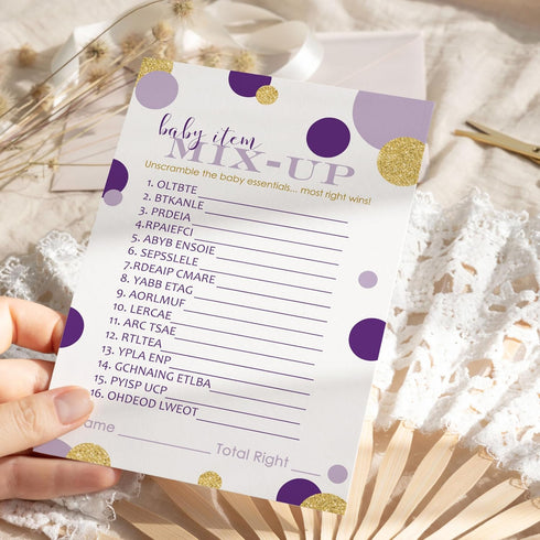 Purple and Gold Baby Shower Games - Word Scramble Game for Gender Reveal - 25 Pack, Royal Mermaid Design