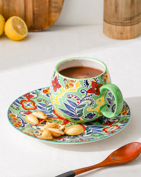 Set 6 20 oz HENXFEN LEAD Boho Ceramic Coffee Mugs of Large Porcelain Cups for Latte, Cappuccino, Tea, Cocoa & Soup