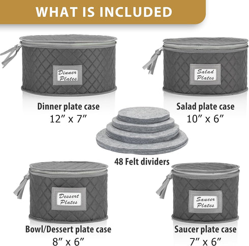 Fine China Storage - Set of 4 Quilted Cases for Dinnerware, Sizes: 12" - 10" - 8" and 7" Wide, Gray