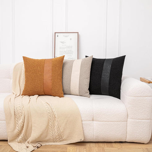 Pack 2 18 18 Inch of Orange Brown Boucle Decorative Pillow Cover with Faux Leather Modern Accent Pillow Case x Textured