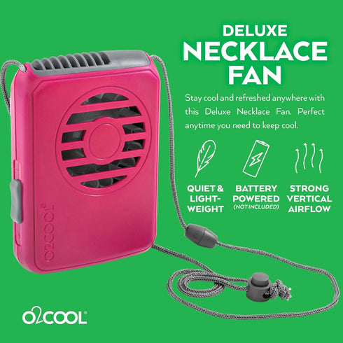 O2COOL Battery Powered Deluxe Necklace Fan for Personal Cooling, Adjustable Lanyard (Pink)