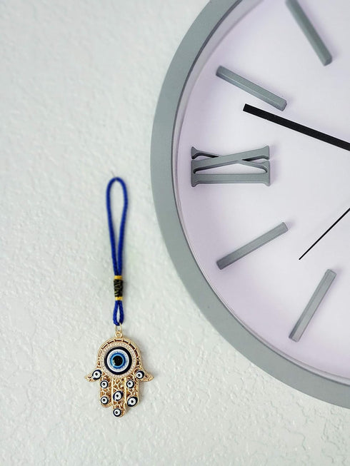 Hamsa Hand Amulet Pendant w/Crystal Rhinestones, Blue, White & Black Evil Eye Car Hanging Ornament