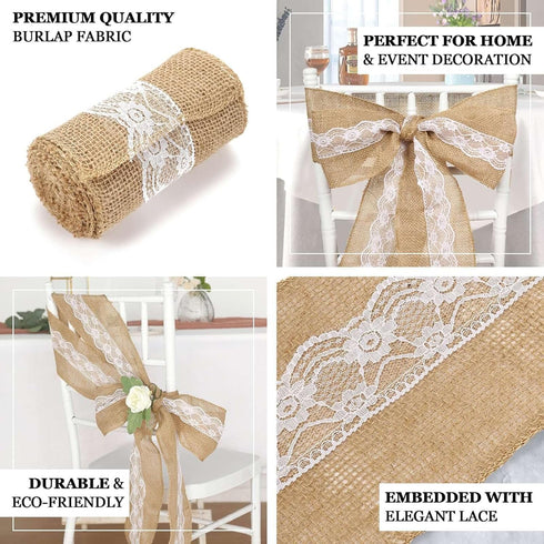 5"x108" Efavormart | Natural Burlap with Lace Chair Sashes Covers, Hessian Fabric Rustic Jute Chair Sashes Covers