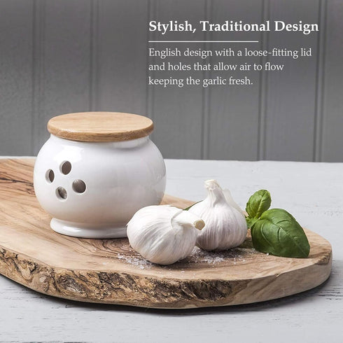 WM Bartleet & Sons 1750 Traditional Porcelain Garlic Storage Pot, 10cm, Wooden Lid, White, One Size