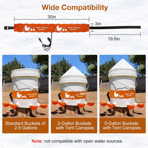 Carpower 2-5Gal 6ft 77 Thermostat Chicken Waterer Heater, Thermo Bucket Belt Heated Strap for Bucket Chicken Waterers