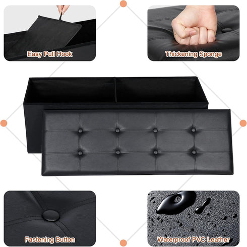 43 Inches 660lbs, JupiterForce Storage Ottoman Bench, Folding Faux Leather Ottoman Footrest Bench with Storage&Padded