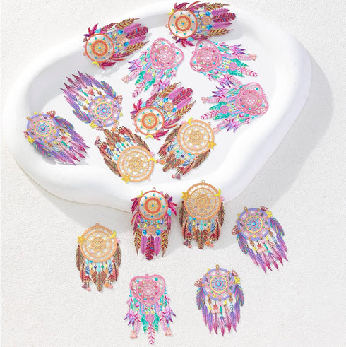16pcs Multicolor Dreamcatcher Charms - Hollow Filigree Pendants for Earrings Jewelry Bookmark Accessories