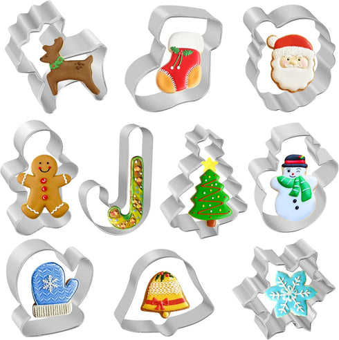 Christmas Cookie Cutters, 10 Pieces Large Metal Cutters - Gingerbread Man, Snowflake, Christmas Tree, and More