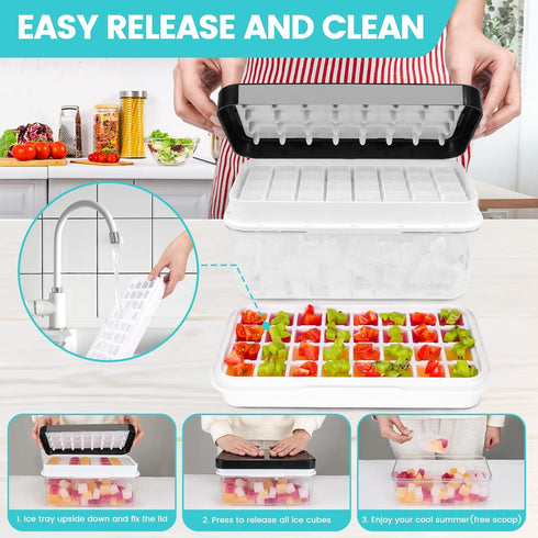 Ice Trays for Freezer with Lid & Bin, Ice Cube Tray Making 64 pcs Ice Cubes, Easy Press to Release Ice, Ice Tray with Storage Bin Chilling Cocktail Whiskey Coffee 2 Trays 1 Ice Bucket & Scoop (Black) by QUELIEN