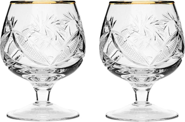 Set of 2 Vintage Hand Made Crystal Glasses, 24K Gold Rim Brandy & Cognac Snifter Old-Fashioned Glassware