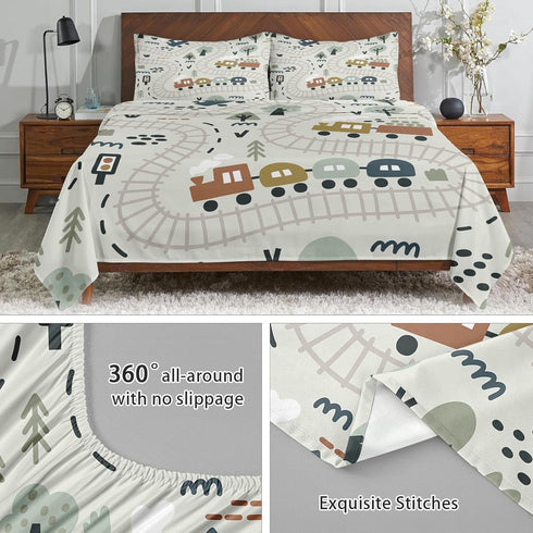 4 Set Sets Pcs Fitted Sheet Full Size, Cute Baby Car Train Road Map, Bed Decor Funny Nursery Cartoon Forest Traffic