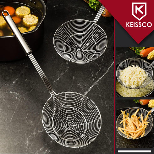 Stainless Steel Spider Strainer Skimmer Spoon Set of 3, Solid Wire Asian Ladle Pasta Strainer with Long Handle