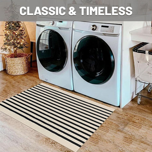 IOHOUZE Black Beige Striped Rug - 2'x3', Small Washable Area Rug for Front Porch, Indoor/Outdoor, Doormat for Entryway