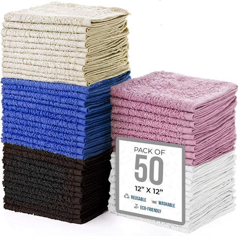 Simpli-Magic Cotton Wash Cloths 12"x12" (50 Pack) Highly Absorbent Soft Towels Commercial