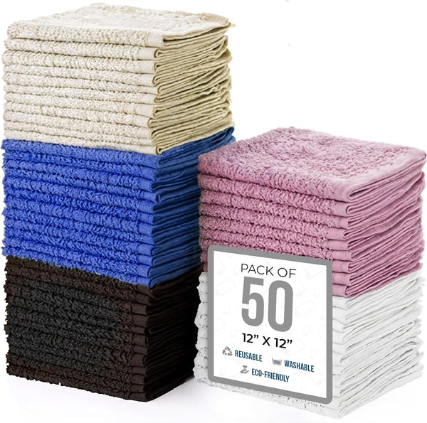 Simpli-Magic Cotton Wash Cloths 12"x12" (50 Pack) Highly Absorbent Soft Towels Commercial