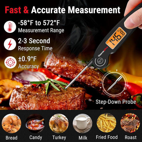 ThermoPro TP605 Instant Read Meat Thermometer Digital for Cooking, Waterproof Food Thermometer with Backlight & Calibration, Digital Probe Cooking Thermometer for Kitchen, Outdoor Grilling and BBQ by ThermoPro