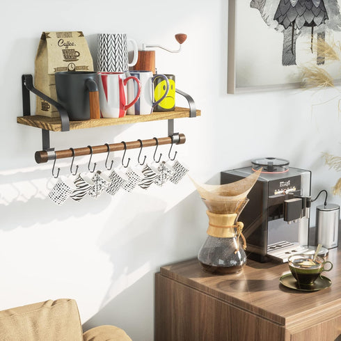 Love-KANKEI Floating Shelf Wall Shelf for Storage Rustic Wood Kitchen Spice Rack with Towel Bar and 8 Removable Hooks for Organize Cooking Utensils or Mugs Carbonized Black by Love-KANKEI