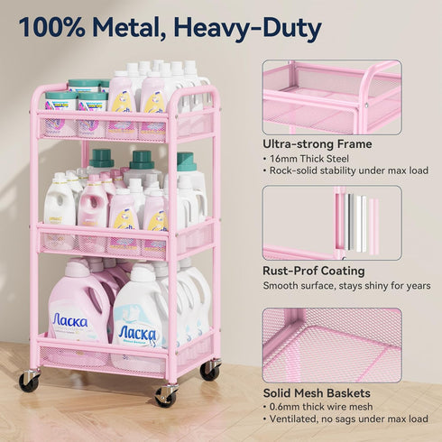 3 YASONIC Tier Rolling Cart Metal Utility Storage Cart with Wheels, Craft Cart Organizer with Hanging Cups, Hooks, Mesh