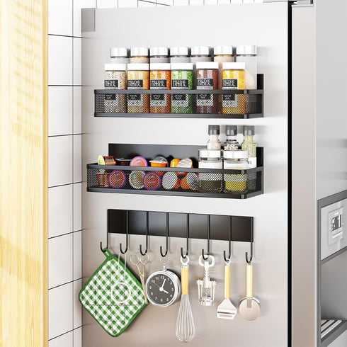 Magnetic Spice Rack for Refrigerator - 3 Pack Moveable Shelf with 8-Hook Rack, Seasoning Organizer for Kitchen