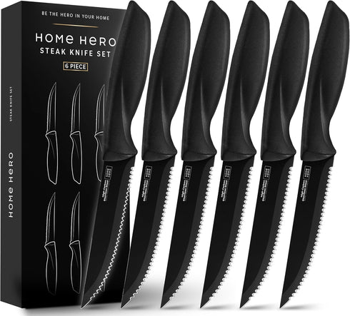 Home Hero 6 Pcs Steak Knives Set, High-Carbon Stainless Steel Razor-Sharp Serrated Knives with Ergonomic Handles