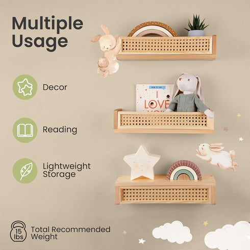 3 Pack, 16 Inch Rattan Wall Shelf Floating Shelves for Nursery, Boho Bookshelf for Baby Room Decor