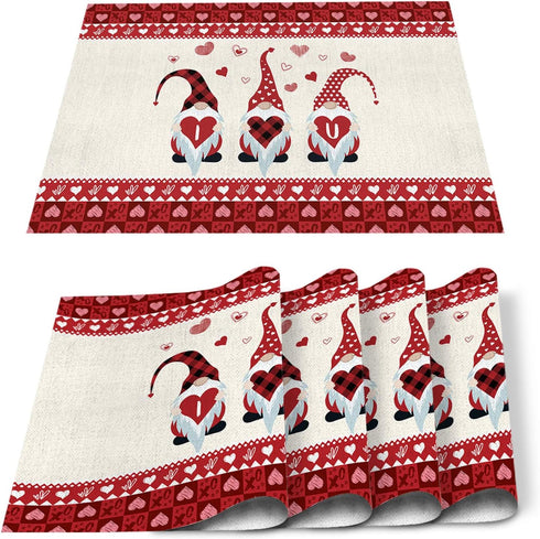 Stylish Placemats for Dining Table Decor, Cute Gnome I Love U Valentine's Day Non-Slip Table Mat, Set of 4