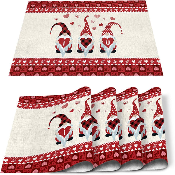 Stylish Placemats for Dining Table Decor, Cute Gnome I Love U Valentine's Day Non-Slip Table Mat, Set of 4