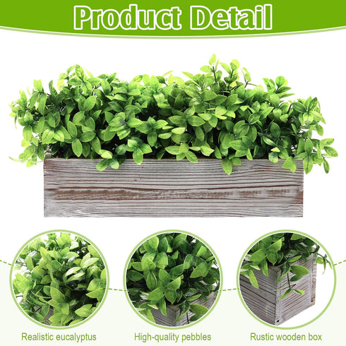 2 Pack (White,16 Lyrow Artificial Eucalyptus Plants in Rectangular Rustic Wooden Planter Box Faux Potted Herb Plant